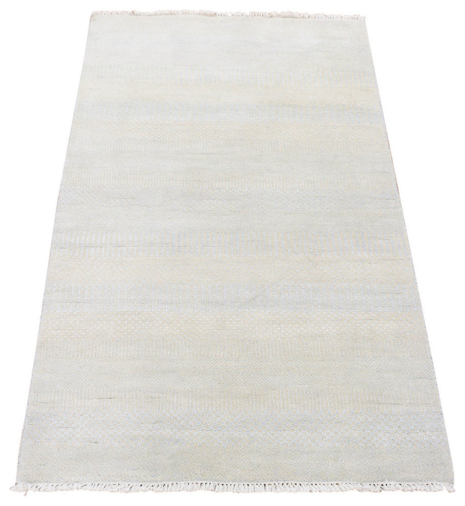 Ivory, Hand Knotted Wool and Silk, Modern Grass Design Gabbeh Rug, 3'0"x5'4"
