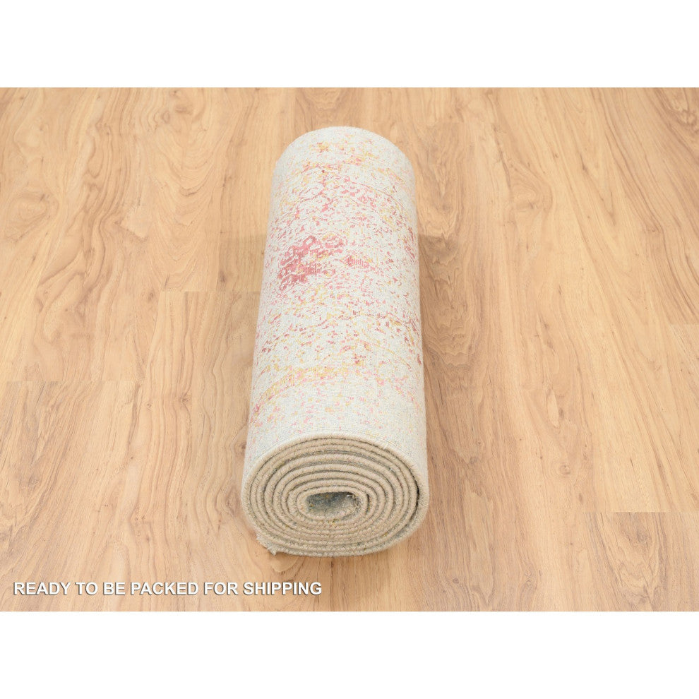 Pink Persian Wool and Pure Silk Hand Knotted Oriental Runner Rug 2'6" x 11'10"