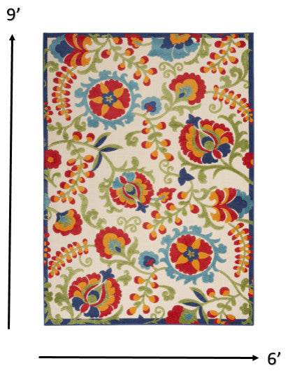 6' X 9' Green And Ivory Floral Indoor Outdoor Area Rug