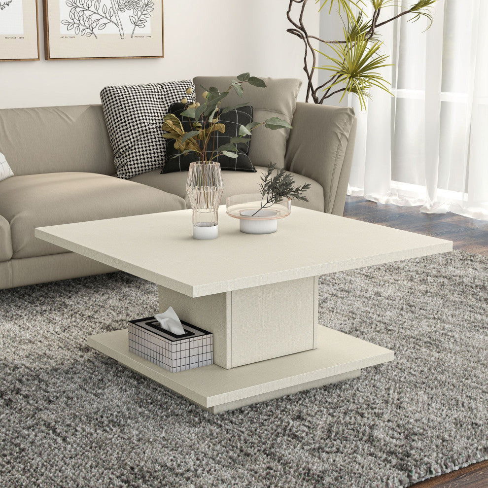 Boa Vista 31" Square Coffee Table With Shelf and Hidden Cabinet, Cream Weave