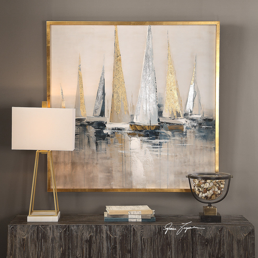 Oversize Metallic Sailboats Nautical Wall Art, Painting Silver Gold Blue Gray