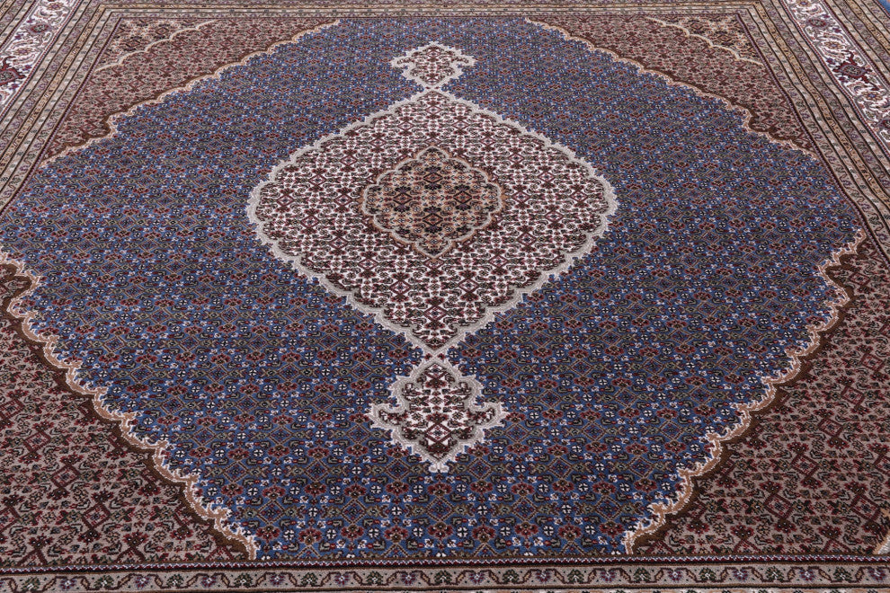 10' Square Wool & Silk Persian Tabriz Hand Knotted Rug - Q13011