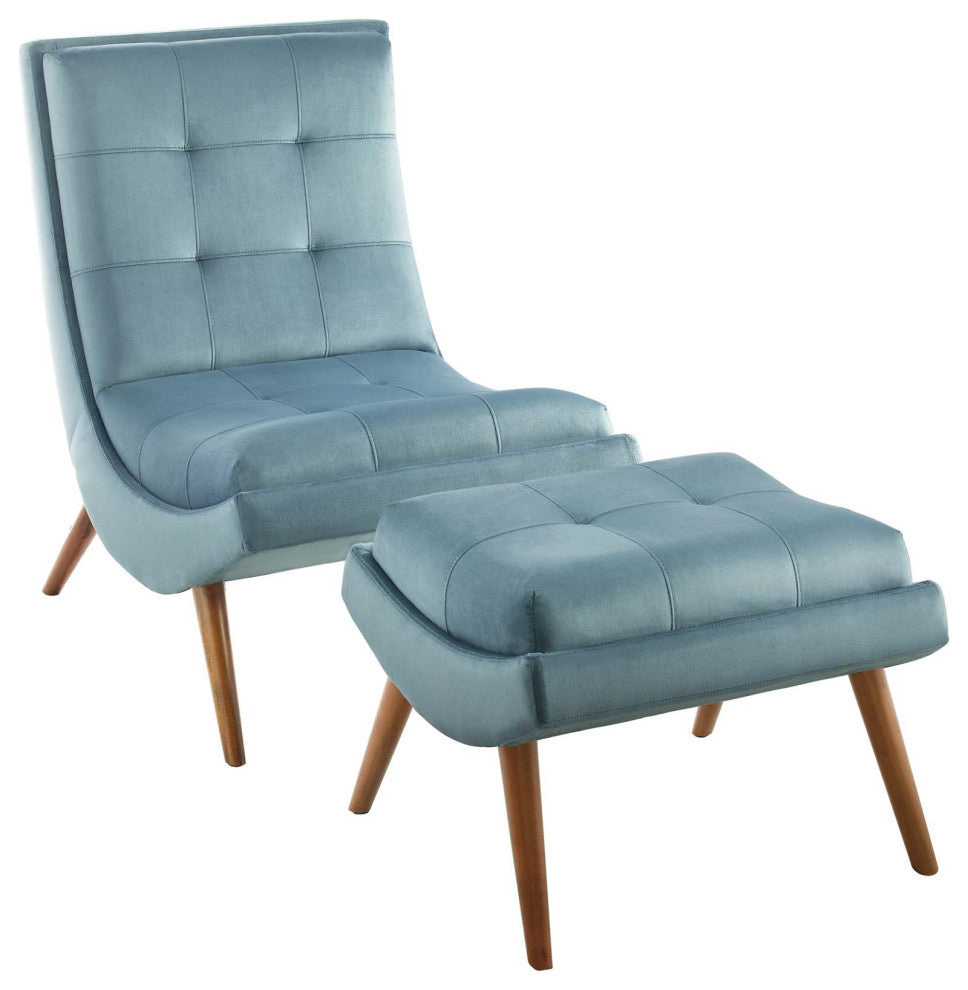Ramp Upholstered Performance Velvet Lounge Chair and Ottoman Set Light Blue