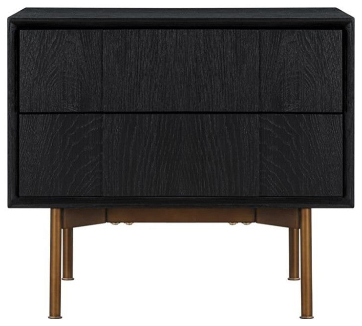 Armen Living Carnaby 2-Drawer Wood Nightstand in Black Brushed Oak and Bronze