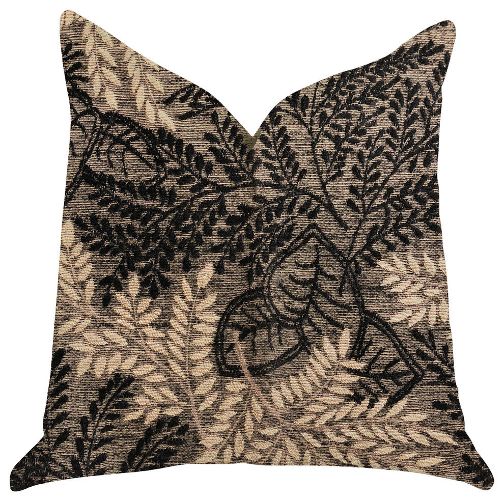 Bonzai Ebony Floral Throw Pillow in Black and Brown , 20"x30" Queen