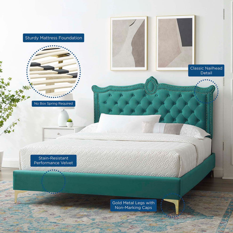 Platform Bed Frame, Nailhead, Queen Size, Teal Blue, Velvet, Modern