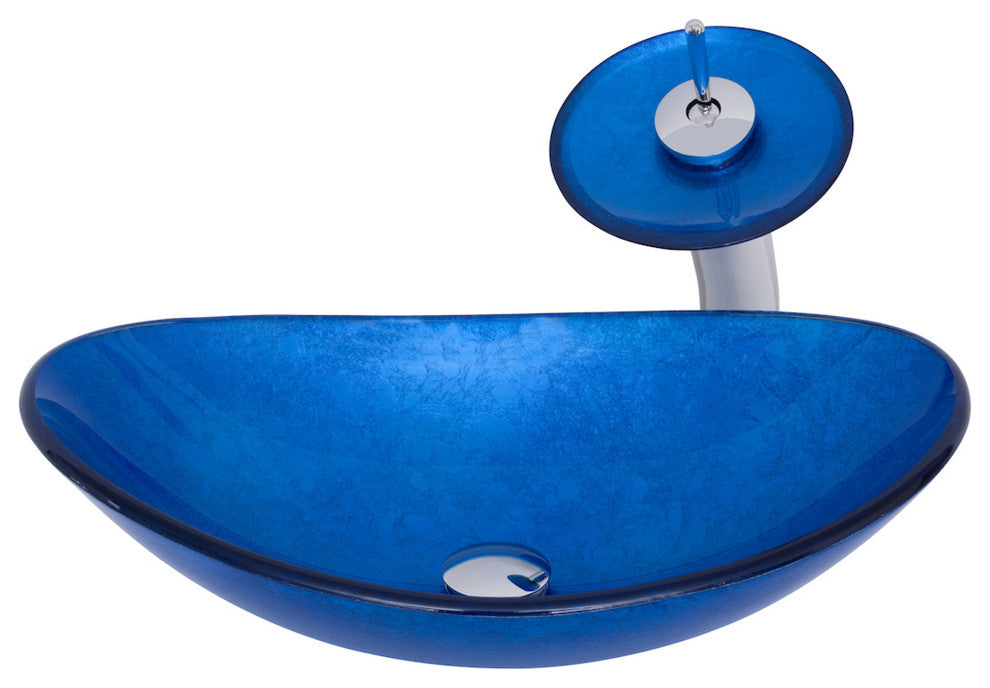 Azzurro Slipper Blue Foiled Glass Vessel Bathroom Sink Combo with Faucet Drain, Chrome