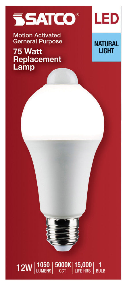 12W A19 LED, White, 5000K, 1050 Lumens, 120V, PIR Sensor, Non-Dimmable