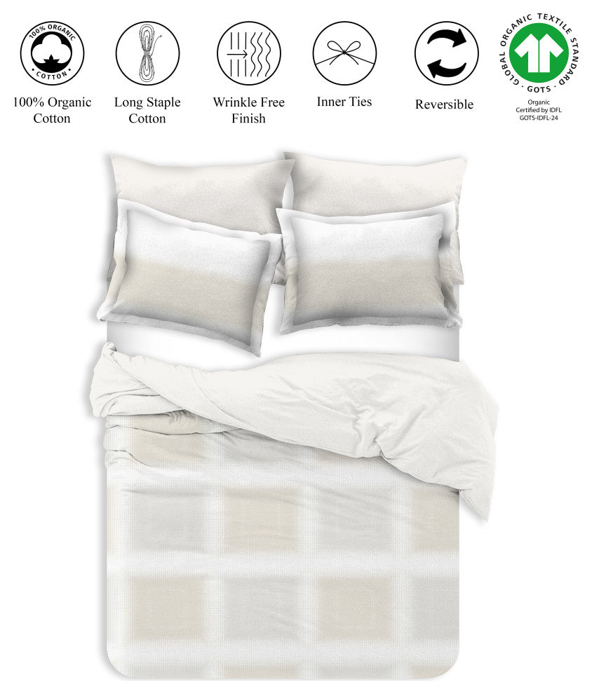 Delara GOTS Organic Cotton Check Reversible Print Duvet Cover Set, Queen(88"x92"