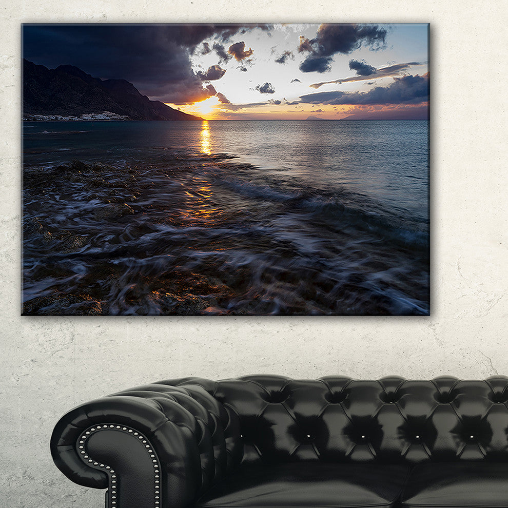 "Gloomy Sea Coast At Sunrise" Modern Seashore Canvas Art, 40"x20"