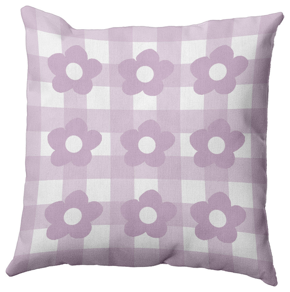 Flowers on Gingham Decorative Throw Pillow, Purple, 26"x 26"