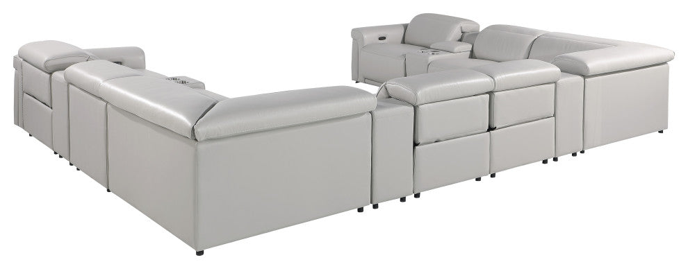 GIOVANNI 12-Piece, 4-Power Reclining Italian Leather Sectional, Light Gray