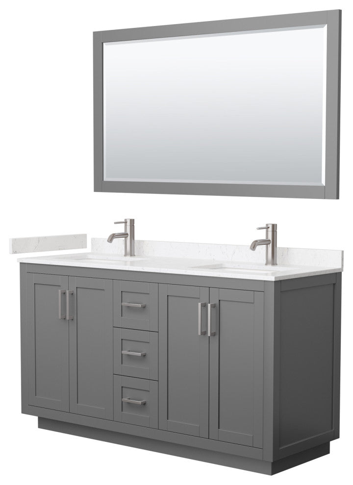 60"DBL Vanity Dark Gray, LV Carrara Cult. Top, Sinks, Nickel Trim, 58"Mirror