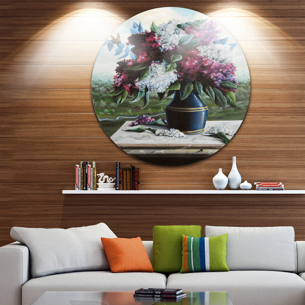Lilac In Blue Jug, Floral Digital Art Round Wall Art, 23"