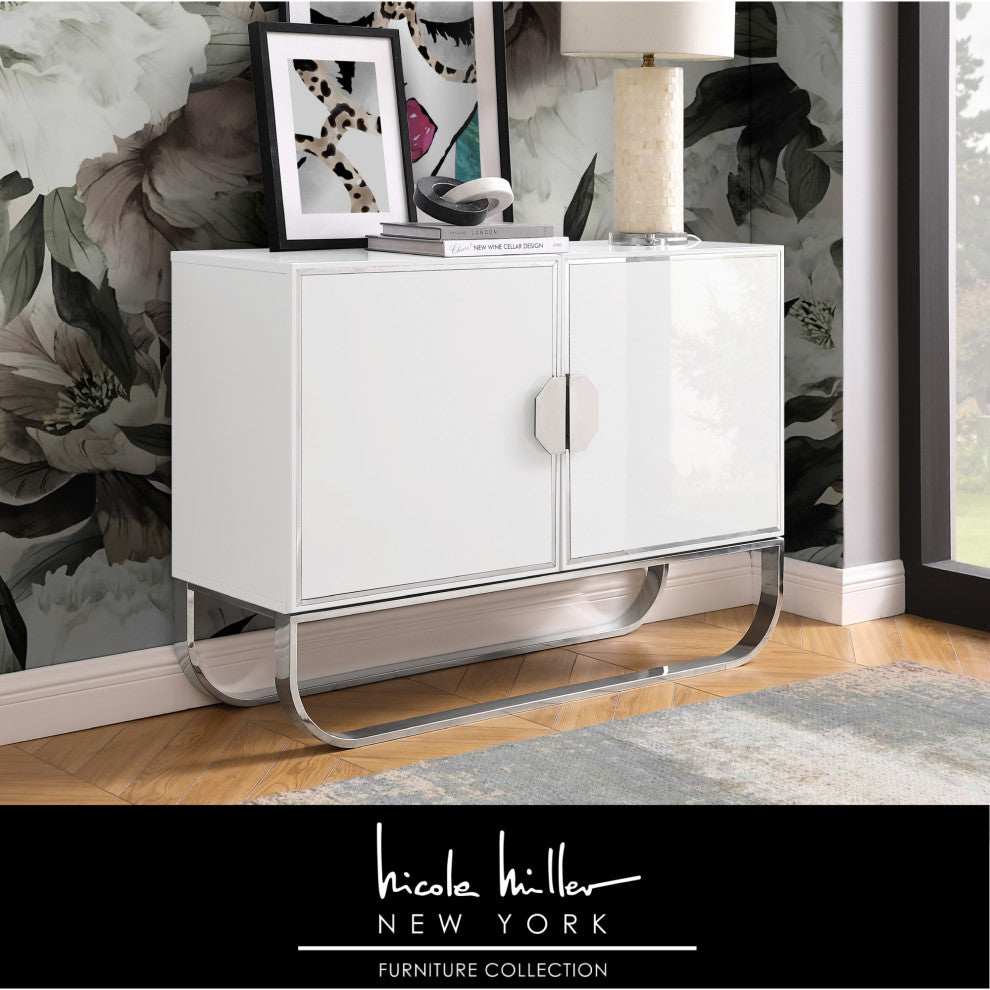 Nicole Miller Jacelynn Sideboard, White/Chrome, 2-Door