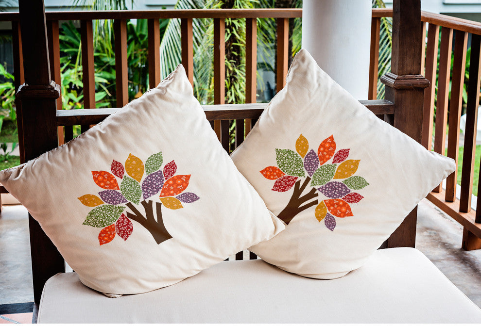 Printed Quilt Tree Indoor/Outdoor Throw Pillow, Scallion, 18"x18"