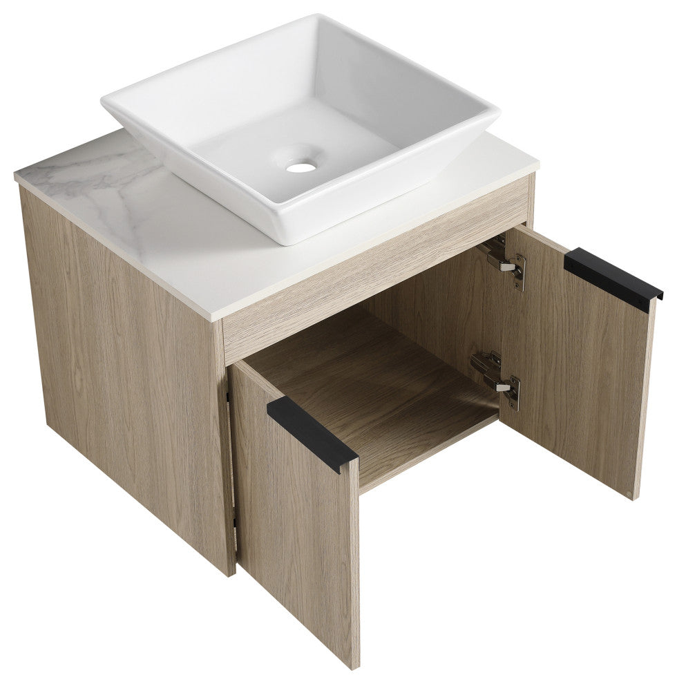 Wall-Mounted Bath Vanity, White Oak, White Ceramic Vessel Sink