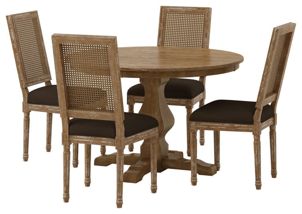 Merlene French Country Upholstered Wood and Cane 5-Piece Circular Dining Set, Natural/Brown