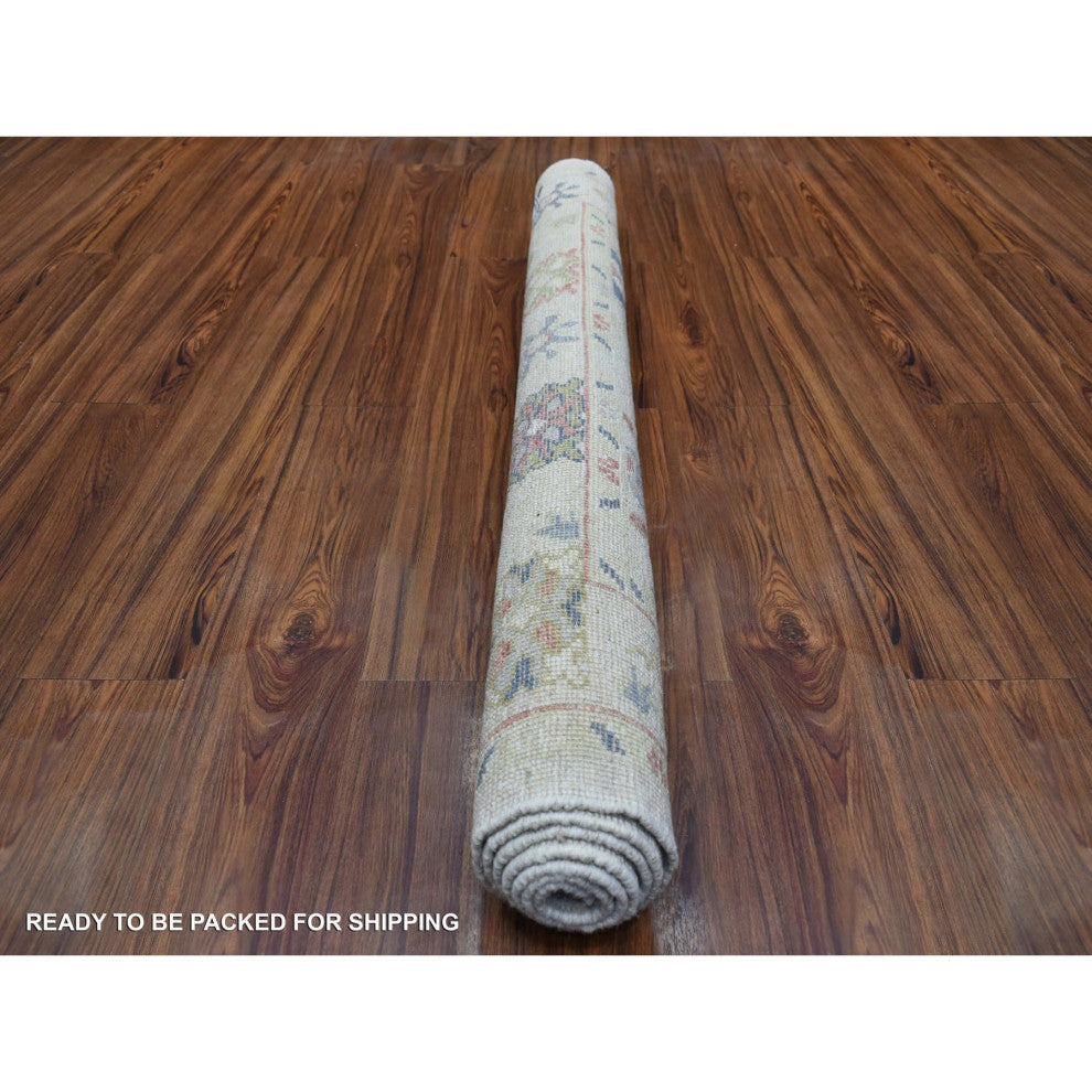 Organic Wool Hand Knotted Ivory Angora Ushak Oriental Rug, 4'1" x 6'0"