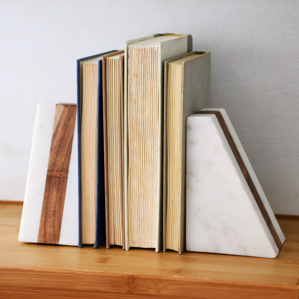 Marble Geometric Bookends with Wood Inlay, White