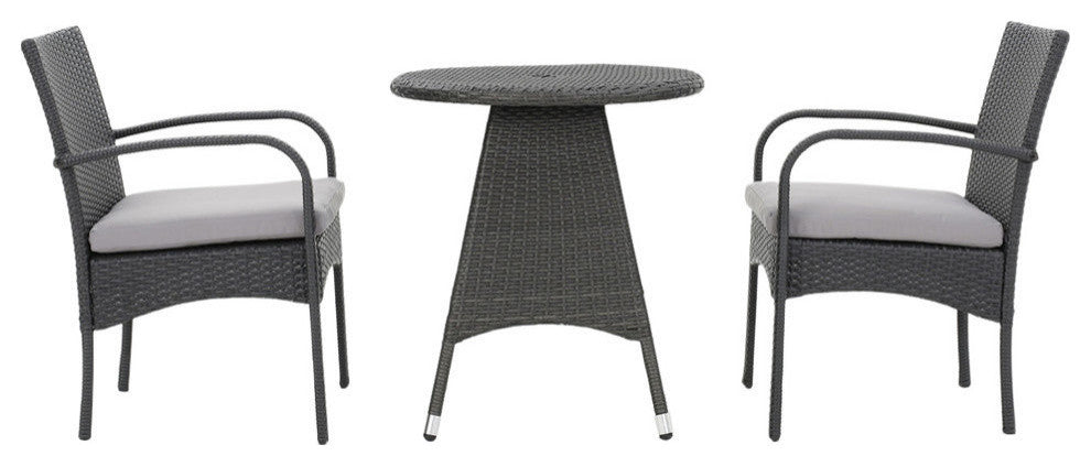 GDF Studio 3-Piece Portola Outdoor Gray Wicker Bistro With Cushions Set