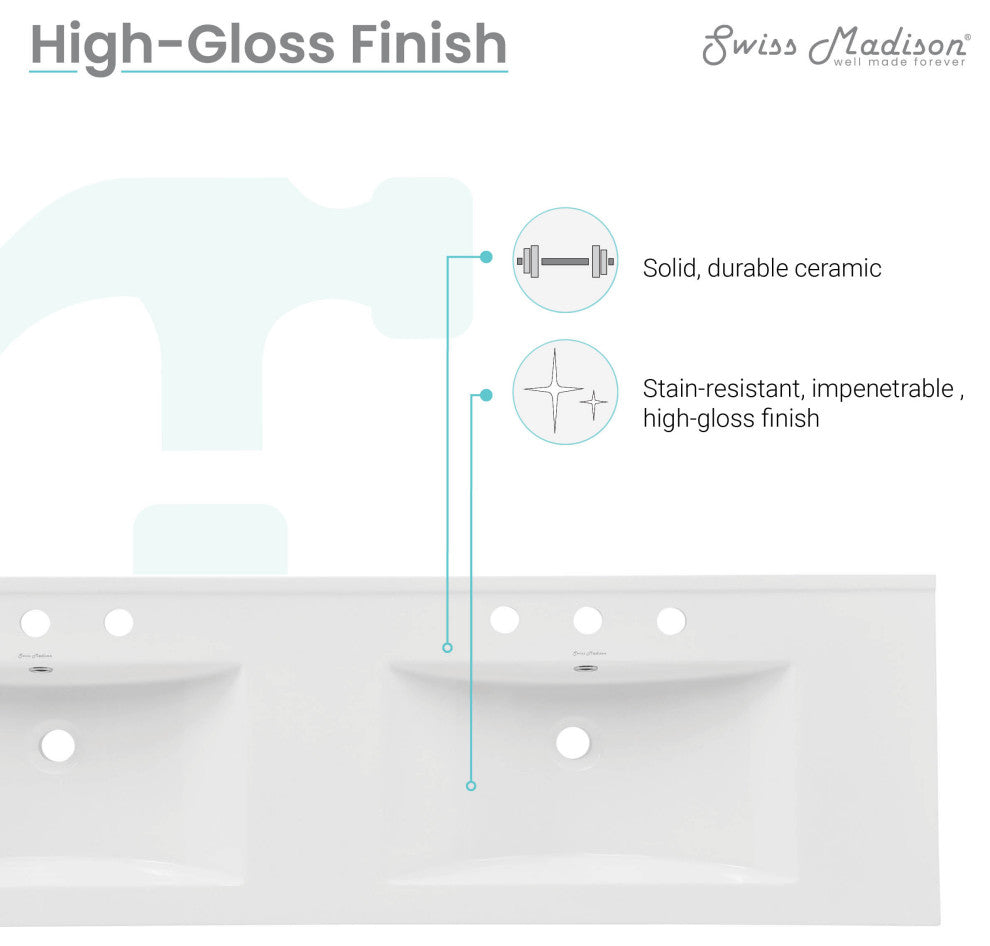 60" Vanity Top Bathroom Sink With 3 Holes
