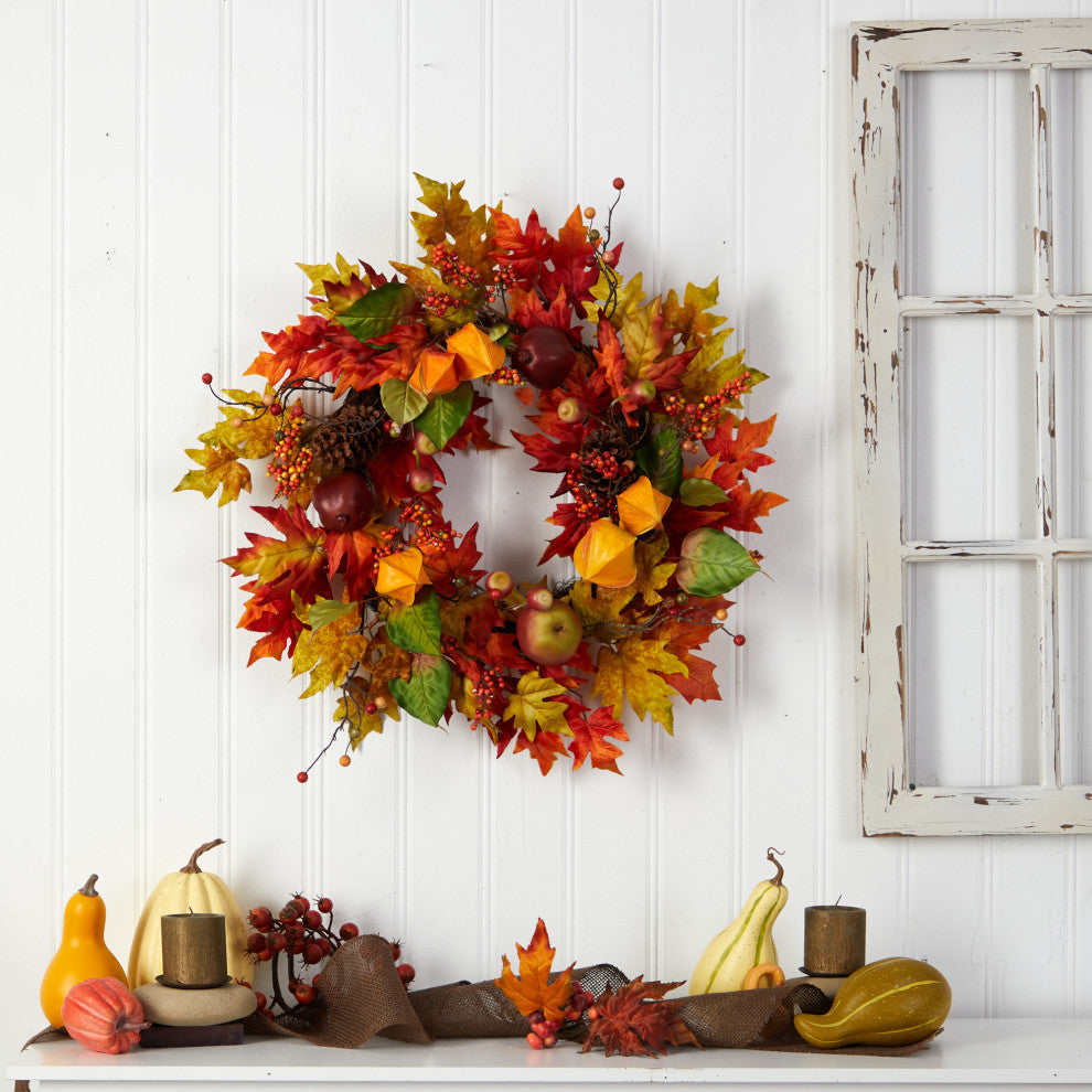 24" Autumn Maple Leaf and Berries Fall Artificial Wreath