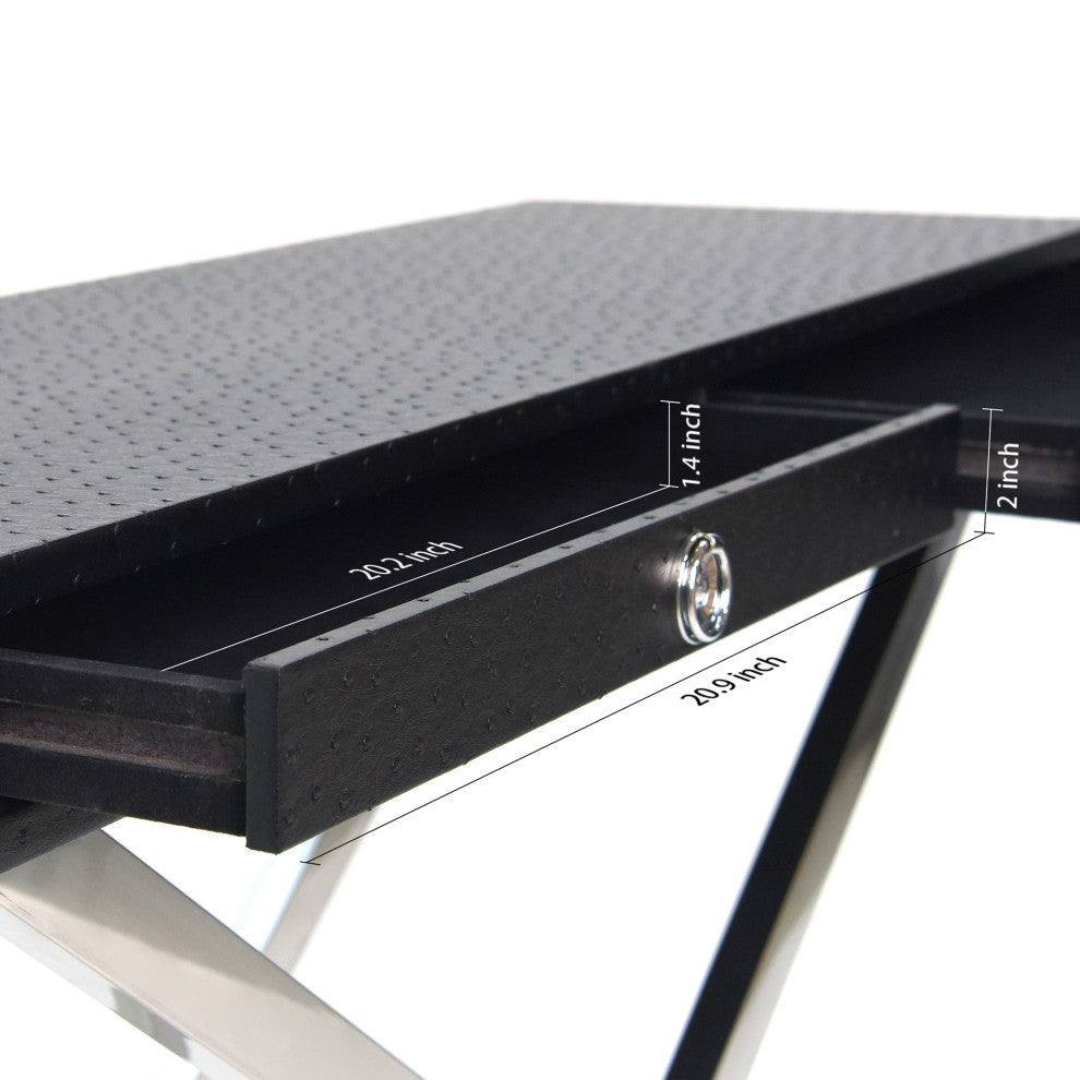 Black Ostrich Leather Console Table With Stainless Steel Legs