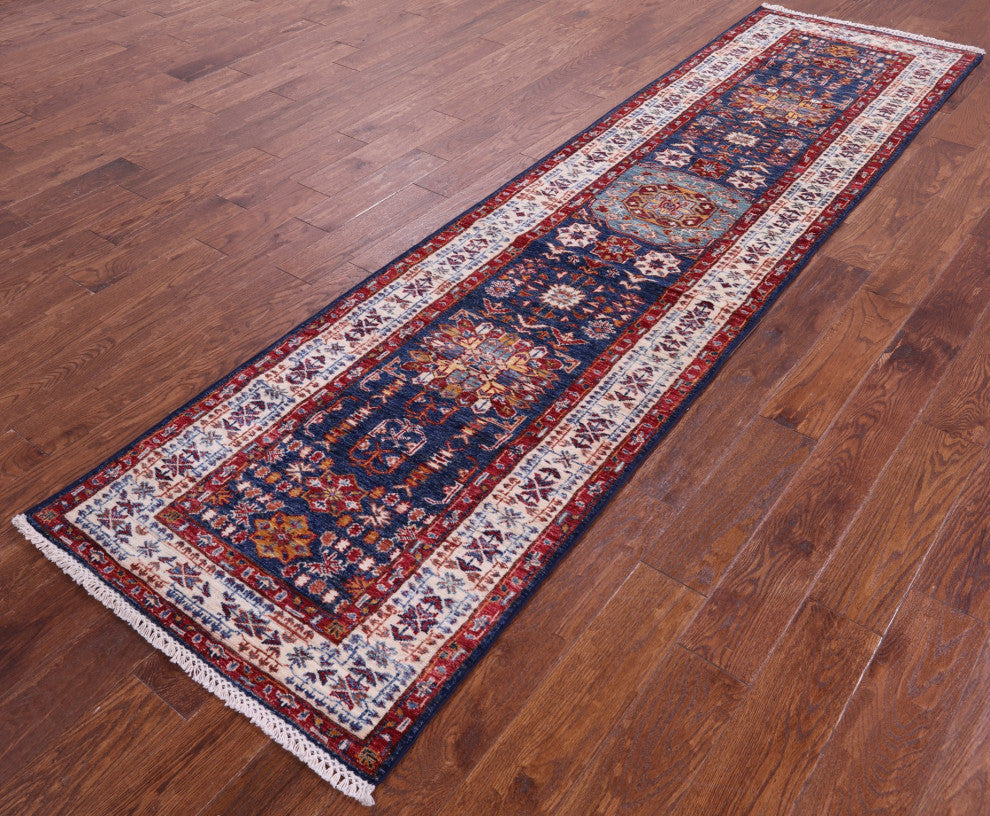 2' 7" X 10' 2" Super Kazak Geometric Hand Knotted Wool Runner Rug Q11235