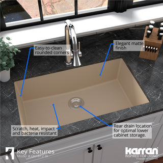 Karran QU-812 Undermount 32.5" Large Single Bowl Quartz Sink Kit, Bisque