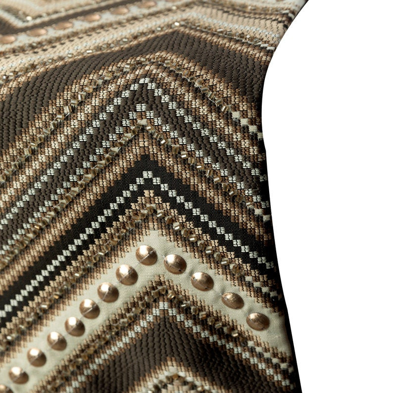 Decorative Table Runner Brown Jacquard Silk, Beaded & Tassels - Timberland