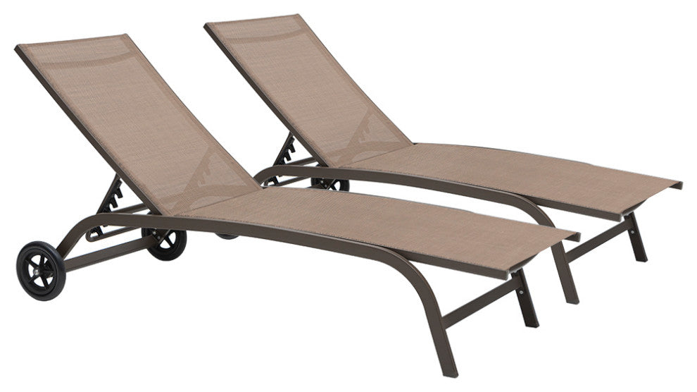 Adjustable Chaise Lounge Chair Outdoor Recliner with Wheels (Set of 2), Brown