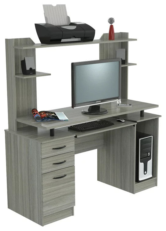 Modern Desk, Open Comparments With Storage Drawers & Metal Handles, Smoke Oak