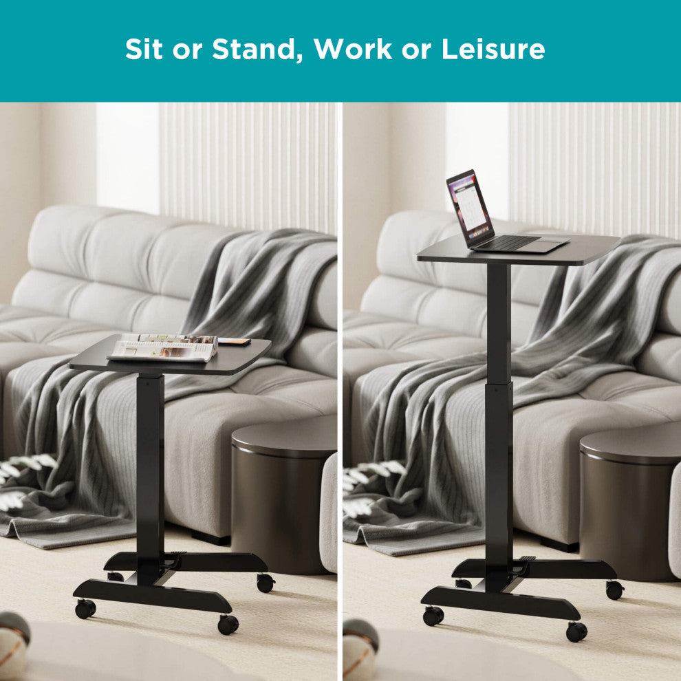 Mobile Pedal Controlled Height Adjustable Sit Stand Desk, Compact Size, Black