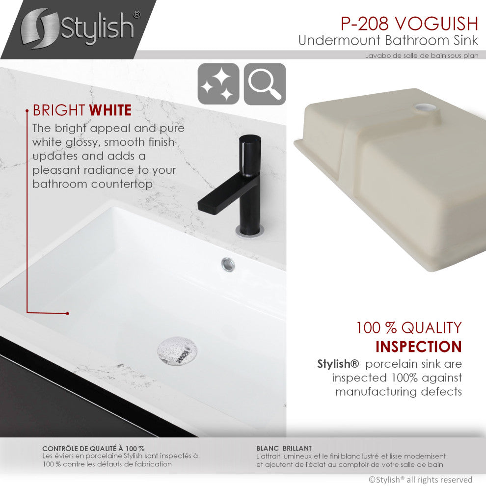STYLISH 24" Rectangular Undermount Ceramic Bathroom Sink With 2 Overflow Finishe