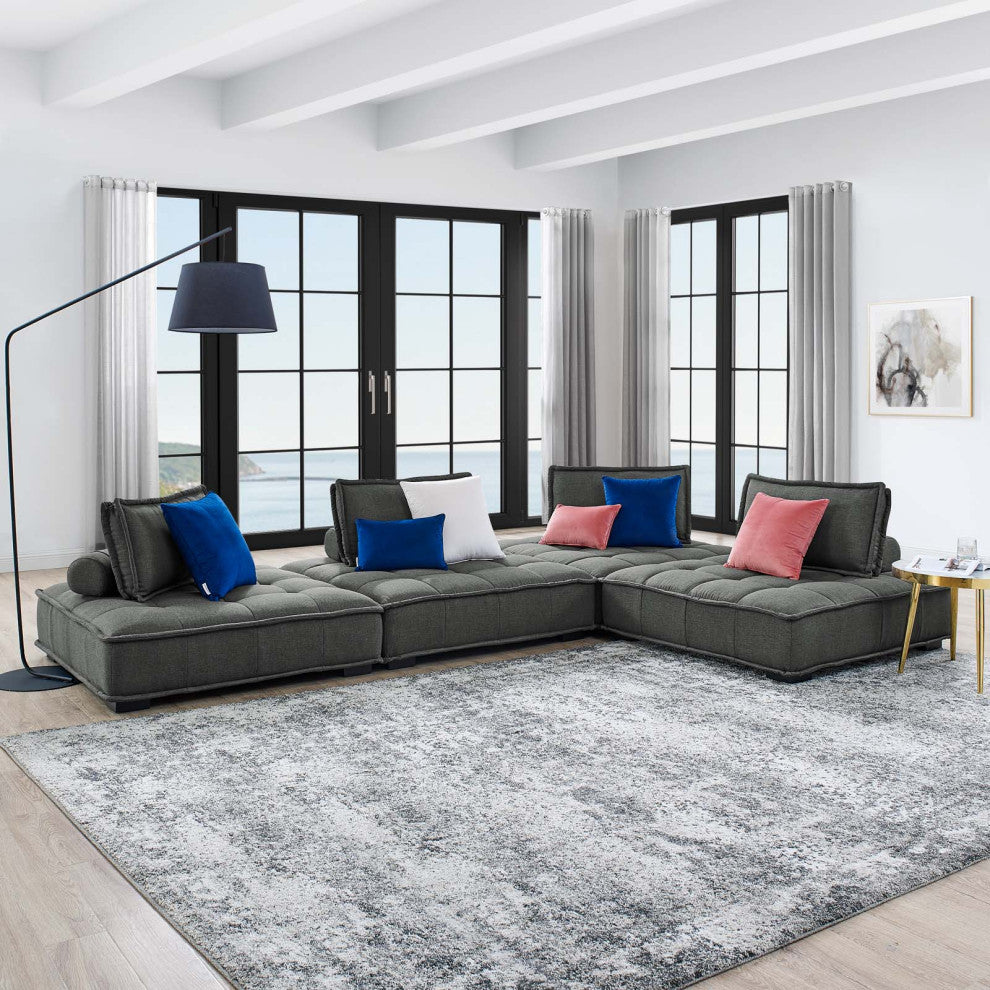 Modular Deep Tufted Sectional Sofa Set, Gray, Fabric, Modern, Hospitality