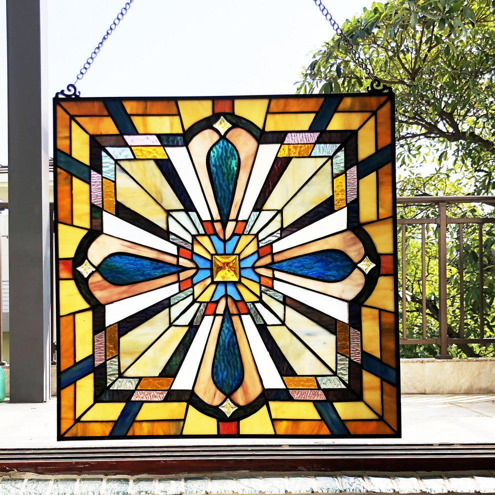 ARCHIE Tiffany-Style Mission Stained Glass Window Panel, 20"