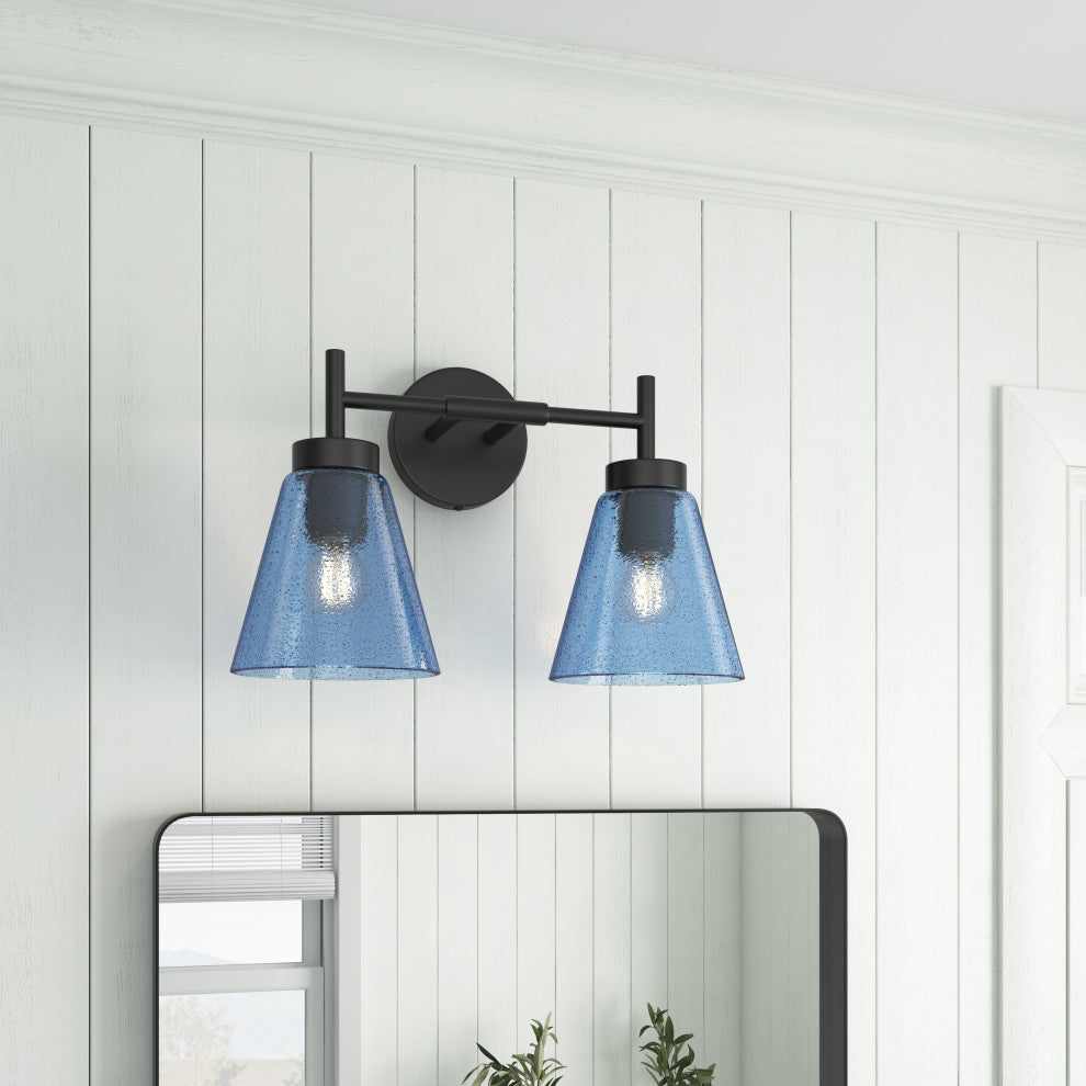 Modern Black 2-Light Wall Light with Blue Seeded Glass Shade
