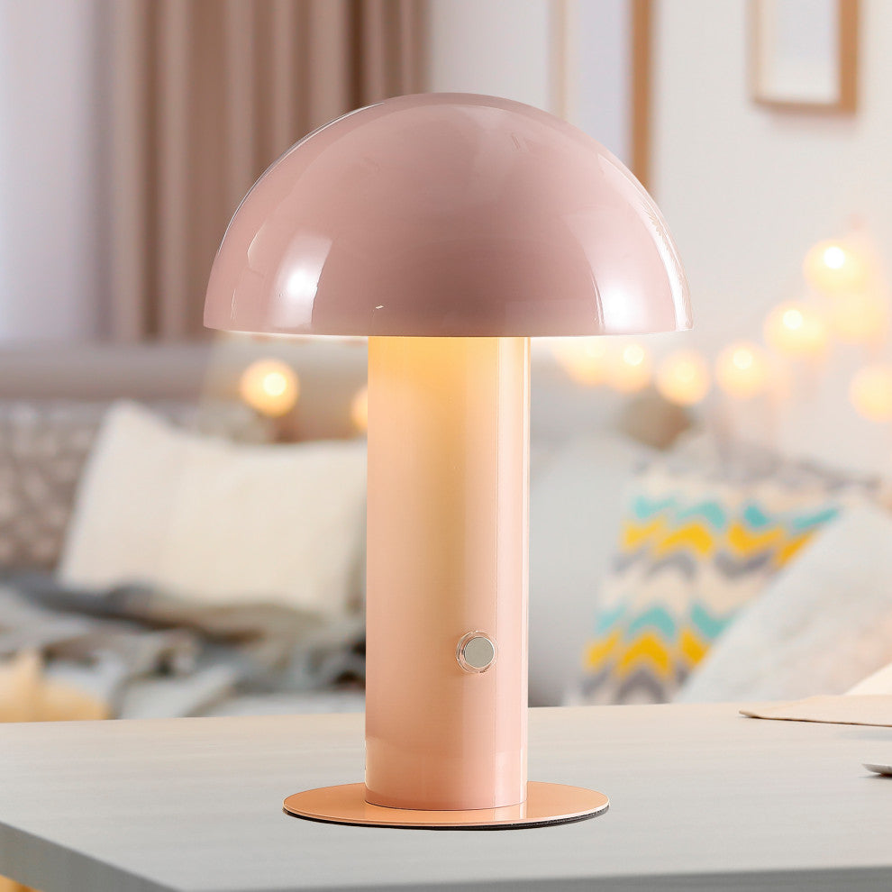 Boletus 10.75" Rechargeable/Cordless Iron Integrated Mushroom Table Lamp, Pink