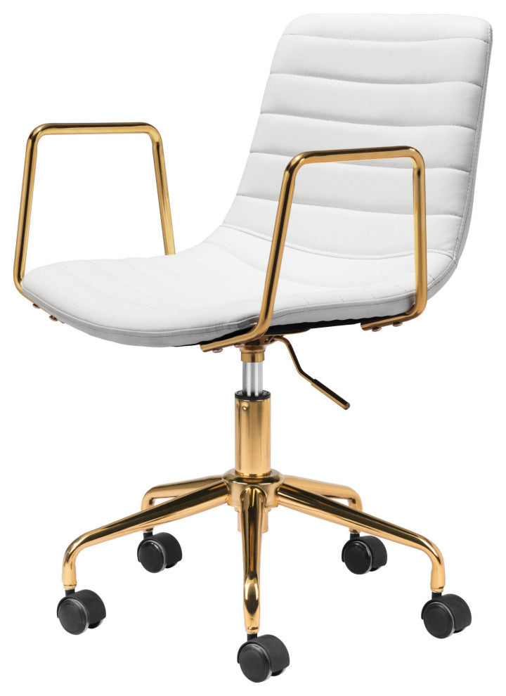 Computer Chair, Faux Vinyl Leather, Steel, White, Gold, Home Business Office