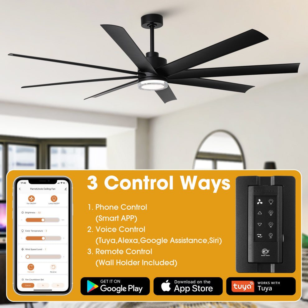 72-inch Modern Black Industrial LED Smart Ceiling Fan with Remote