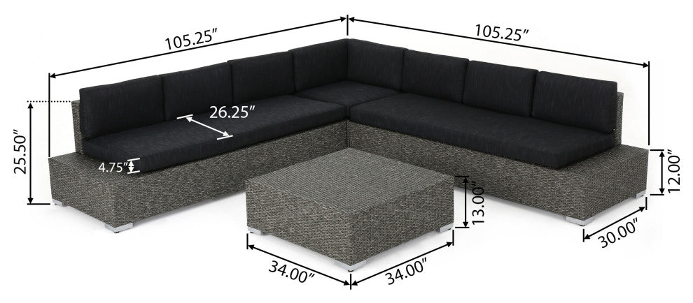 GDF Studio Pueblo Outdoor 7 Seat Wicker V Shaped Sectional Sofa, Cushions