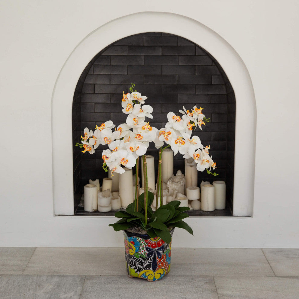36" Faux Large Orchid Arrangement, Handmade Mexican Talavera Ceramic Planter