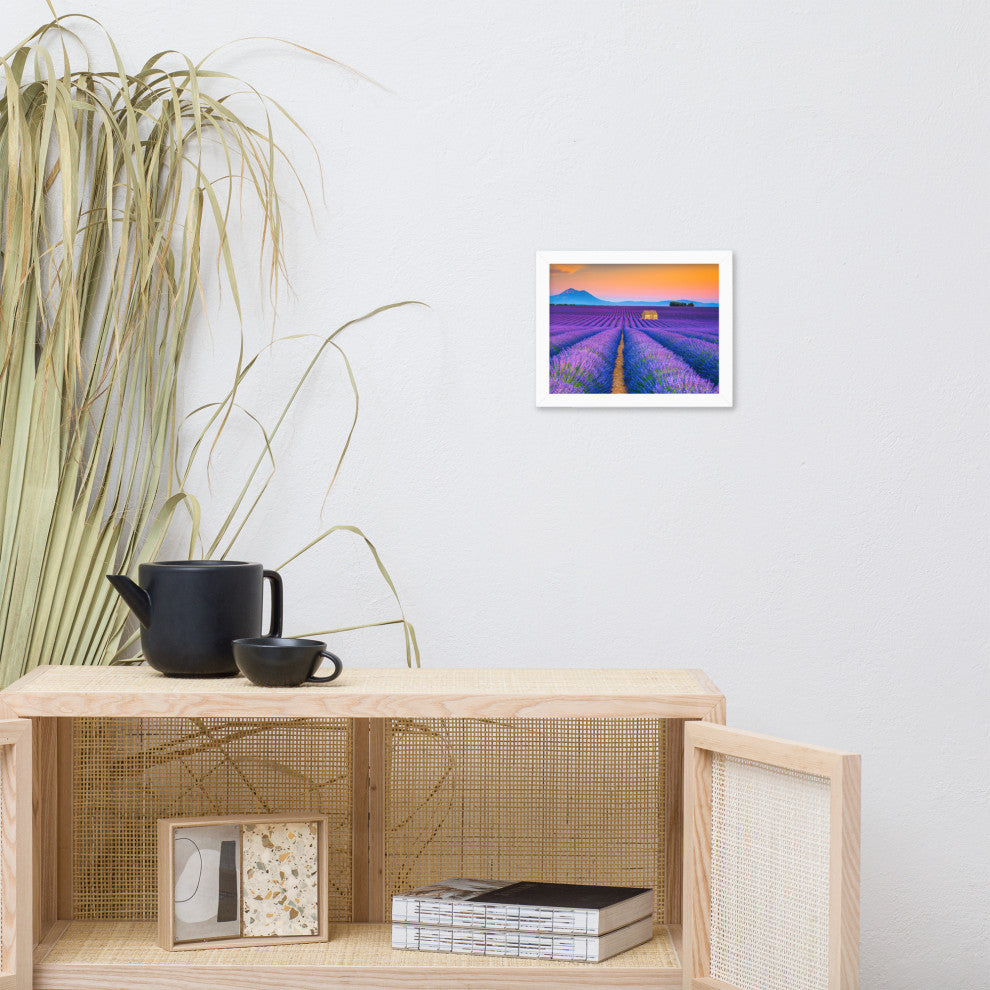 Blooming Lavender Field and Sunset Floral Landscape Framed Photo Wall Art Prints, White, 8" X 10"
