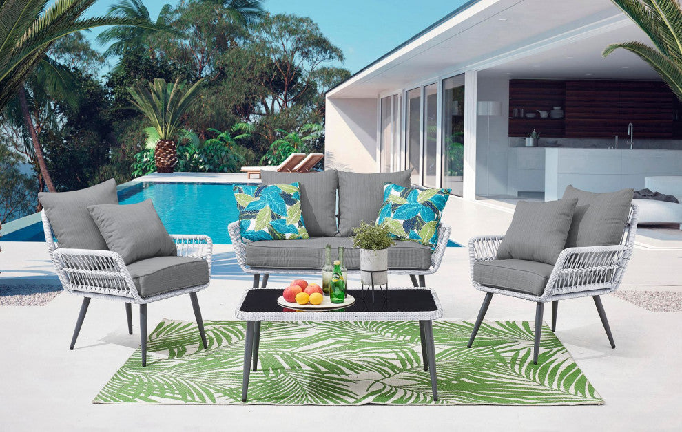 Manhattan Comfort Portofino Rope Wicker 4-Piece Patio Conversation Set, Gray