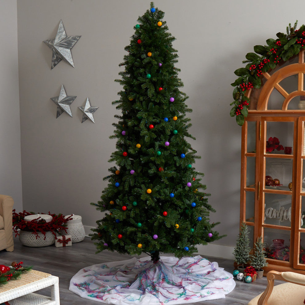 8.5' Montana Mountain Fir Faux Xmas Tree W/Multicolor Lights & Globe Bulbs