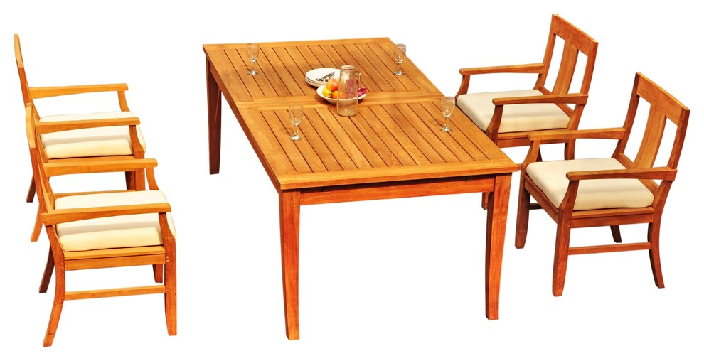 5-Piece Outdoor Teak Dining Set, 122" X-Large Rectangle Table, 4 Osbo Arm Chairs