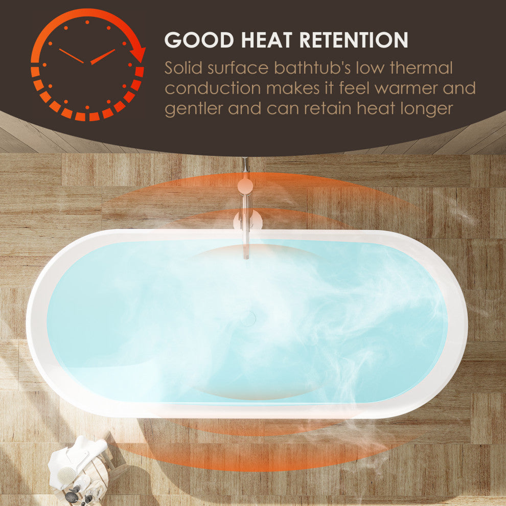 Ryder Flatbottom Freestanding Solid Surface Soaking Bathtub, Matte White, 69inch