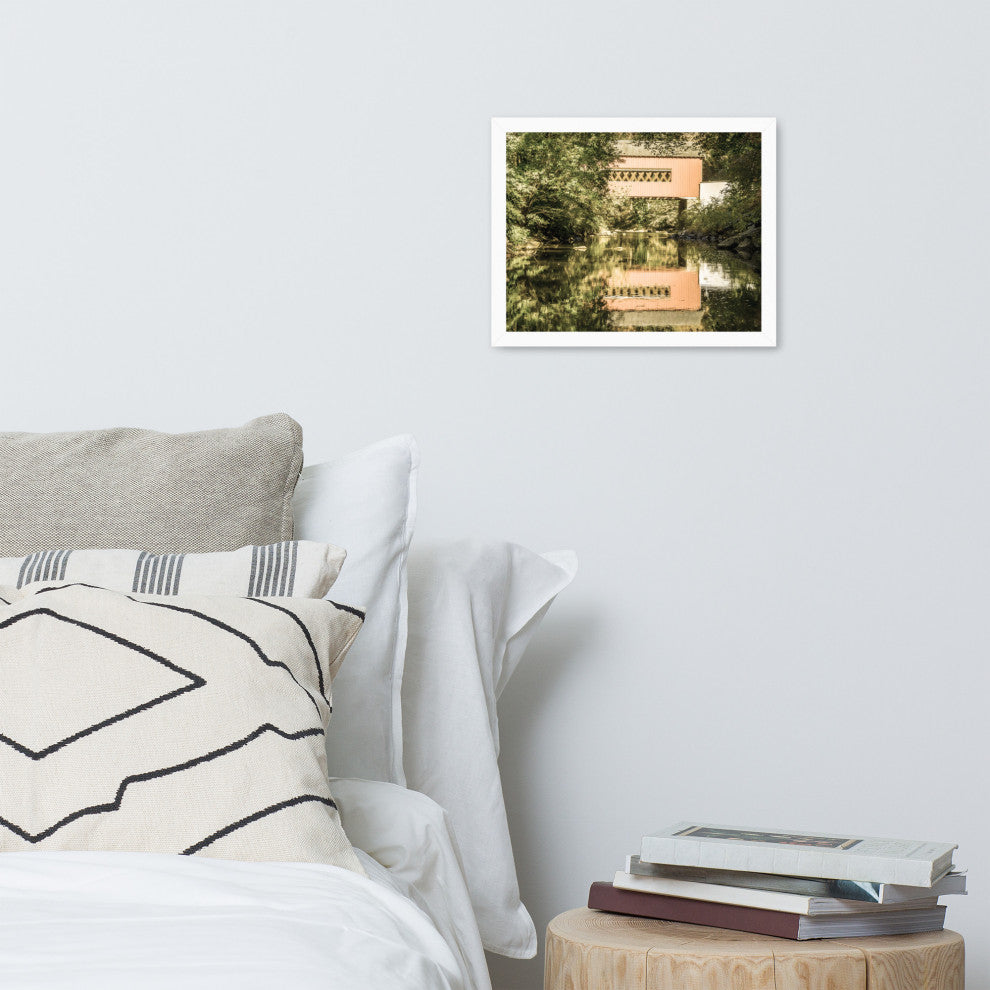 The Reflections of Wooddale Covered Bridge Aged Framed Photo Wall Art Print, White, 11" X 14"