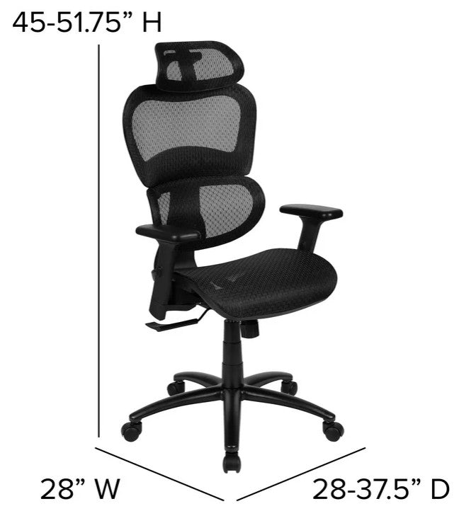 Contemporary Office Chair, Mesh Seat & Back With Adjustable Headrest, Black